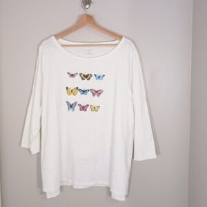 Talbots Butterfly Graphic Tee Womens 3X White 100% Cotton 3/4 Sleeve Top